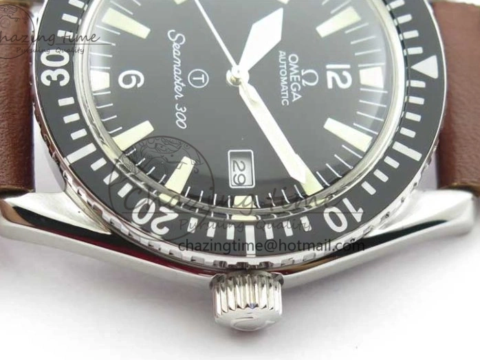 0414 Vintage Seamaster 300 Date T SS B12 Black Dial On Brown Leather Strap A2836 (Free Nylon Strap) WeatherProof 7911